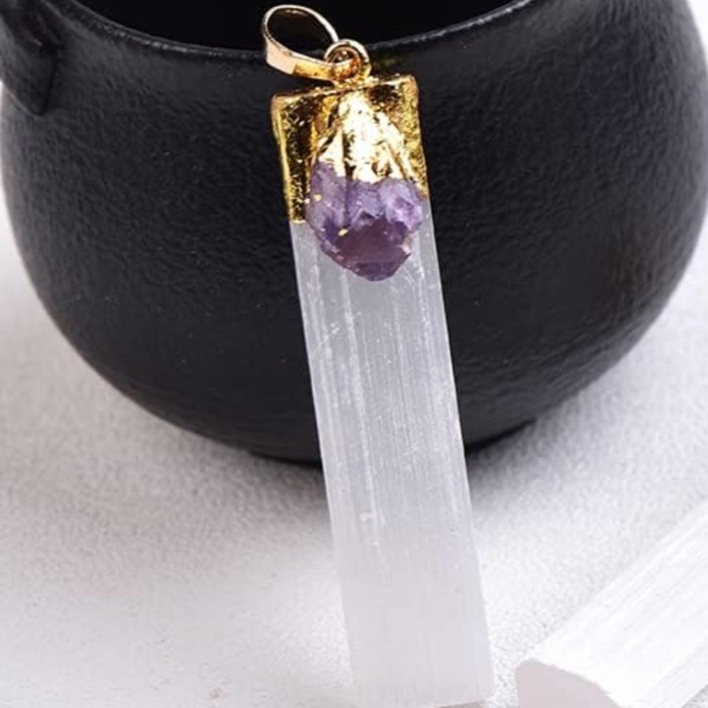 ✨ Elegant Thin Slender White Selenite with Crystal Quartz Gemstone – Gold Plated